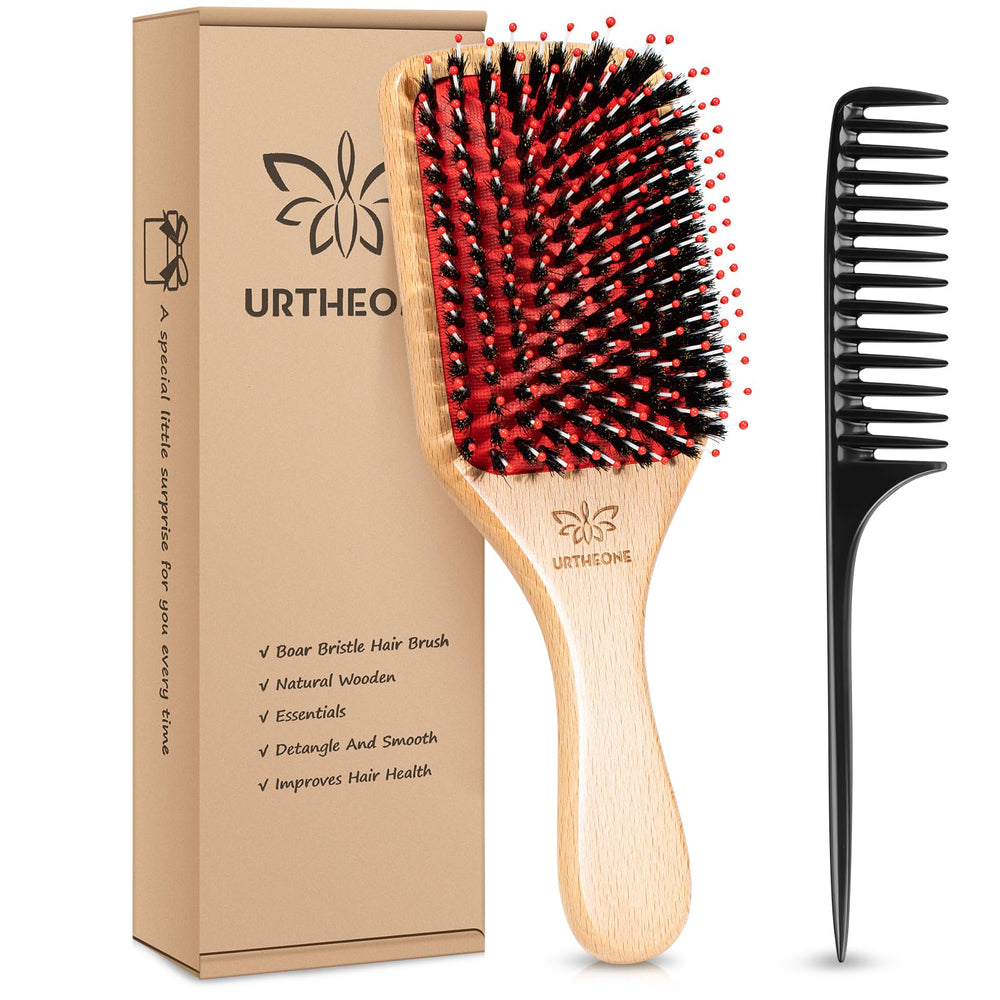 URTHEONE hair brush boar bristles close-up for gentle smoothing.