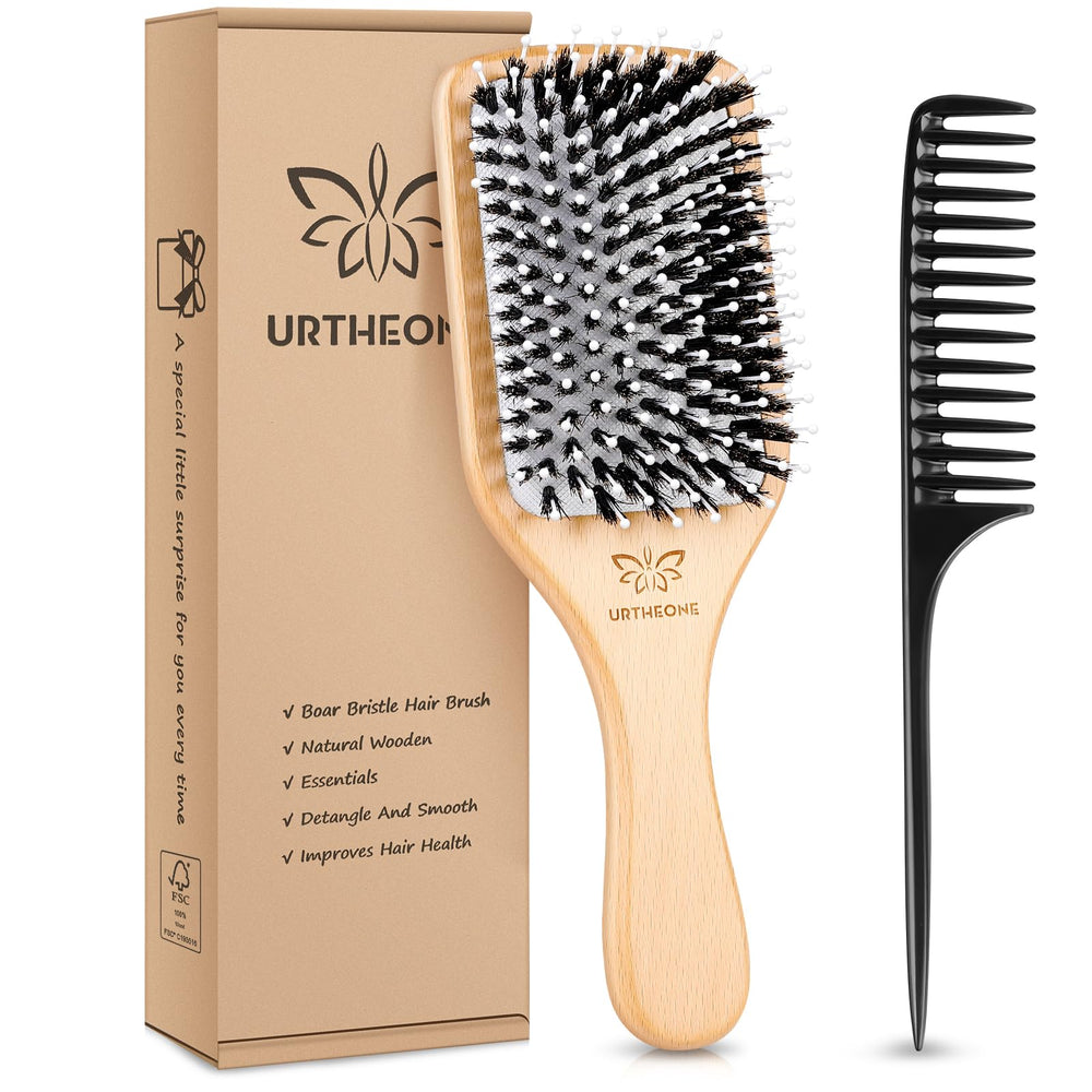 URTHEONE hair brush wooden paddle close-up highlighting detangling ability.