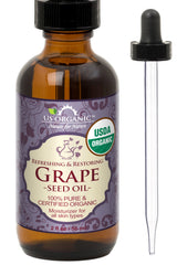 US Organic Grape Seed Oil bottle in amber glass for skin hydration.