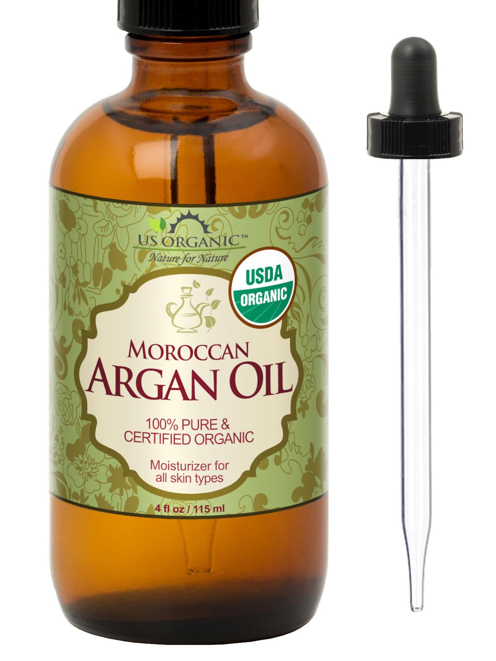 US Organic Moroccan Argan Oil bottle in amber glass for premium hair and skin care.