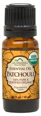 US Organic Patchouli 10 ml: botella de aceite esencial para aromaterapia suave.