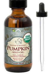 US Organic Pumpkin Seed Oil bottle front view highlights purity and organic sourcing for skincare.