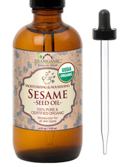 US Organic sesame seed oil in amber glass bottle with dropper for precise application.