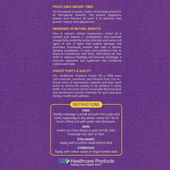 US+ castor oil application scene highlights skin and hair care use.