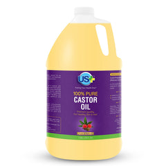 US+ castor oil bottle shows pure moisturizing for skin and hair.
