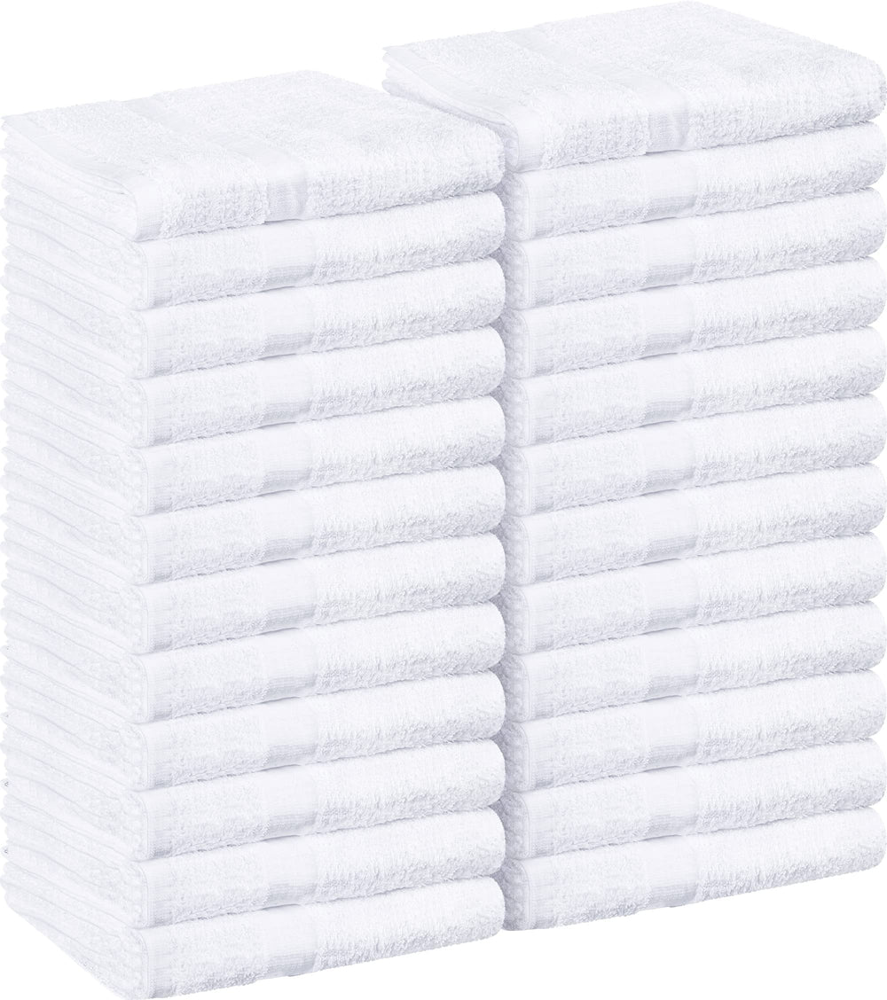 Utopia Towels salon towel pack 24 white 16x27 stacked, premium absorbent cotton for spa prep.