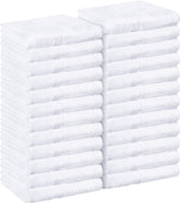 Utopia Towels salon towel pack 24 white 16x27 stacked, premium absorbent cotton for spa prep.