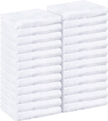 Utopia Towels salon towel pack 24 white 16x27 stacked, premium absorbent cotton for spa prep.