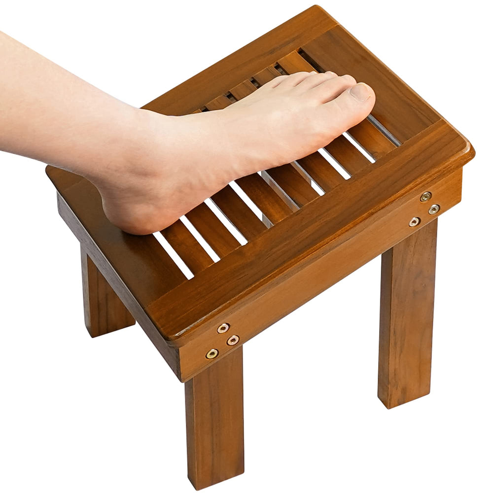 Utoplike Teak Shower Foot Stool front view highlights compact, space-saving design for showers.