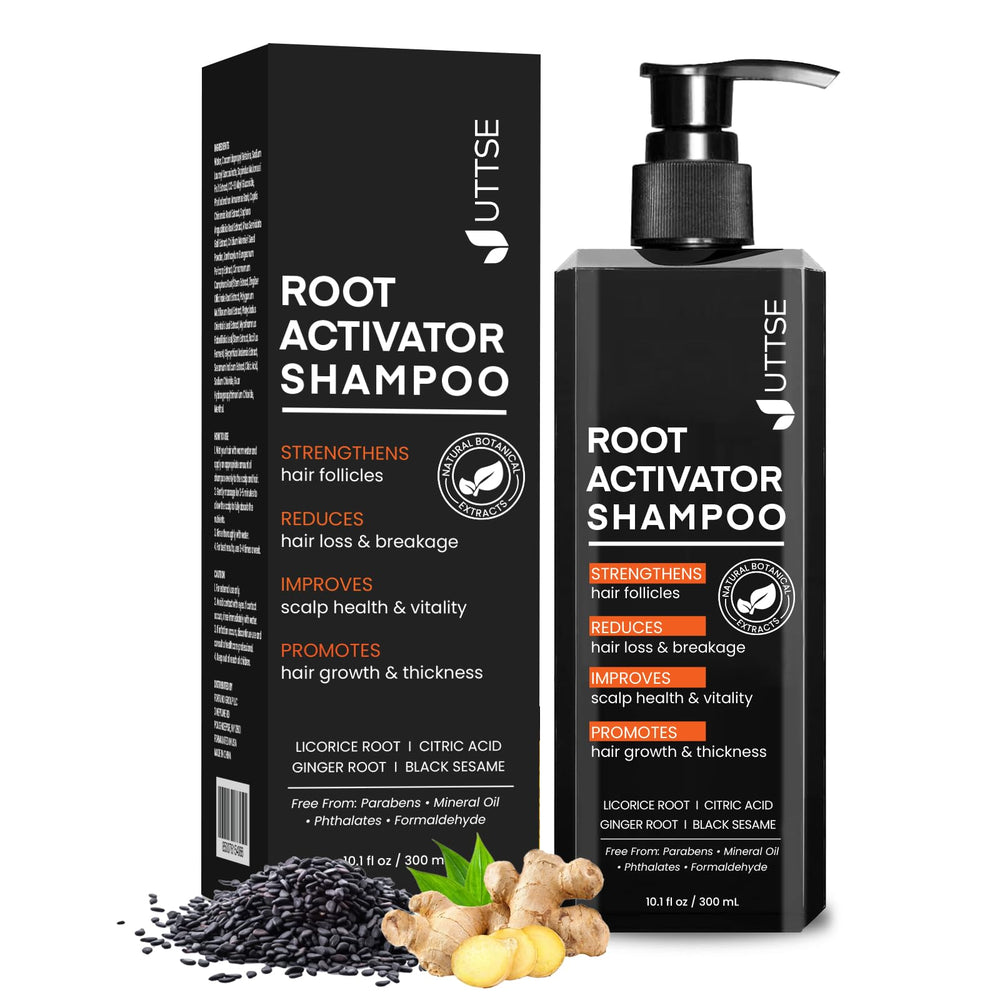 Uttse Root Activator Shampoo bottle close-up showing daily hair care benefits.