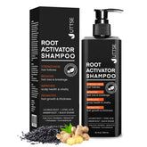 Uttse Root Activator Shampoo bottle close-up showing daily hair care benefits.