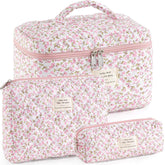UUYUUY makeup bag with floral pattern showing roomy main compartment for cosmetics.