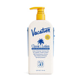 Vacation Classic Lotion SPF 50 pump bottle demonstrates quick, even coverage.