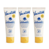VACATION Vacation Classic Sunscreen SPF 50 bottle with pump shows lightweight application