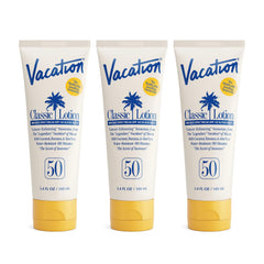 VACATION Vacation Classic Sunscreen SPF 50 bottle with pump shows lightweight application