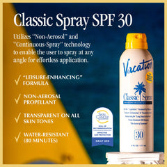 Vacation Classic Sunscreen Spray in action demonstrates easy upside-down spraying for flexible application.