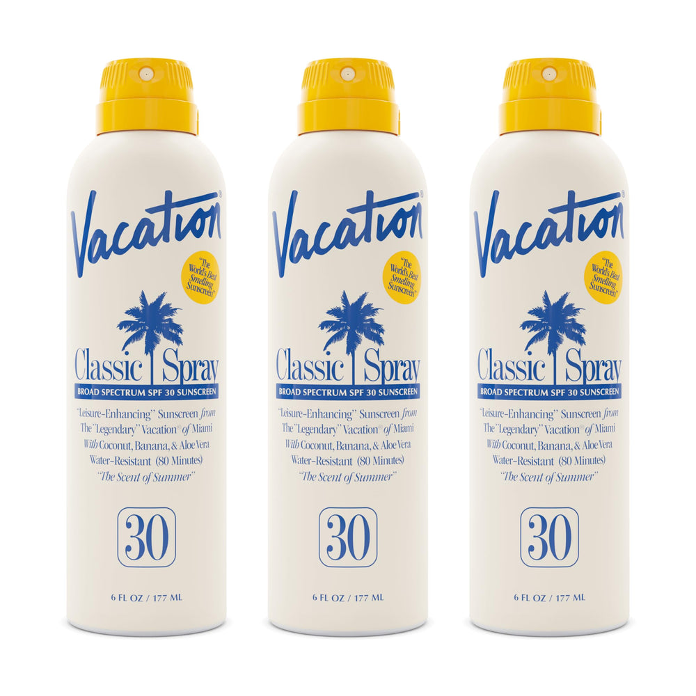 Vacation Classic Sunscreen Spray bottle front view showing SPF 30 and lightweight formula.
