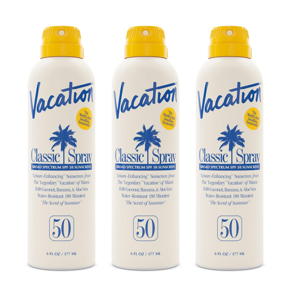 Vacation Classic Sunscreen Spray SPF 50 bottle angled for travel-ready packaging.