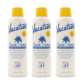 Vacation Classic Sunscreen Spray SPF 50 bottle angled for travel-ready packaging.