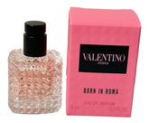 Valentino Born In Roma EDP mini bottle closeup for on-the-go fragrance sampling.