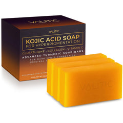 VALITIC Kojic Acid Soap Bar closeup ingredients highlights brightening potential.
