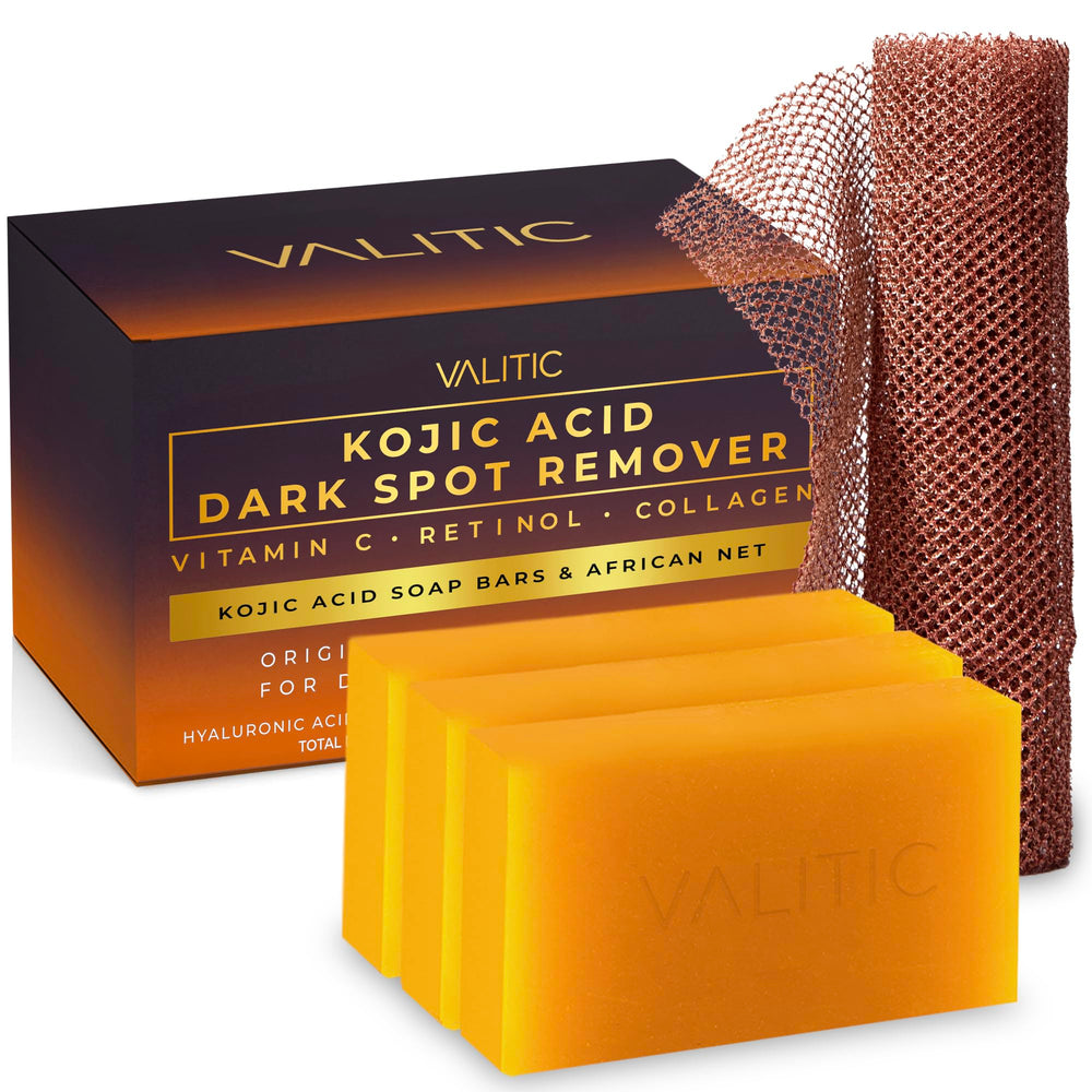 VALITIC Kojic Acid soap three-pack display highlighting brightening potential and cleansing action.