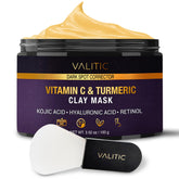 VALITIC Vitamin C Turmeric Clay Mask jar promoting radiant complexion and dark-spot correction potential.