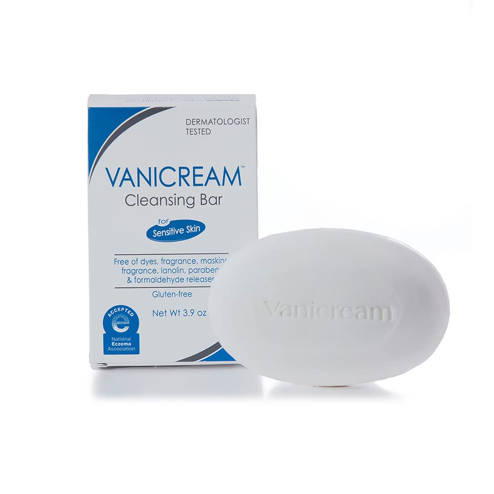 Vanicream Cleansing Bar packaging displays fragrance-free formula for sensitive skin.