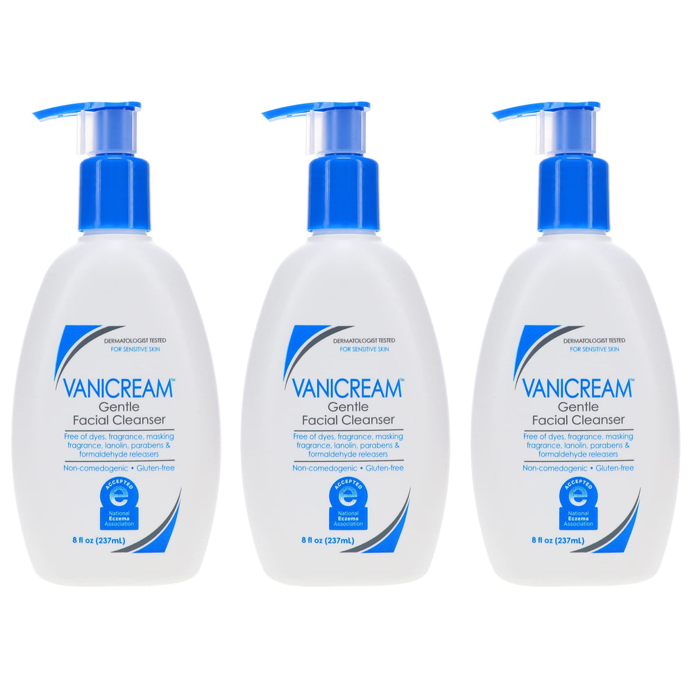 Vanicream Gentle Facial Cleanser bottle pump demonstrates easy daily cleansing for sensitive skin.