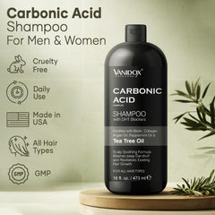 VANIDOX carbonic shampoo pours to show rich lather and scalp cleansing action