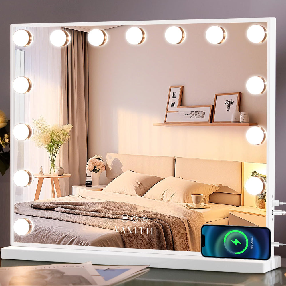 VANITII Hollywood vanity mirror with lights shows a wide tabletop surface for makeup application
