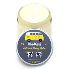 The VanMan Company Vanman's Tallow and Honey Balm jar closeup highlights creamy texture for moisturized skin.