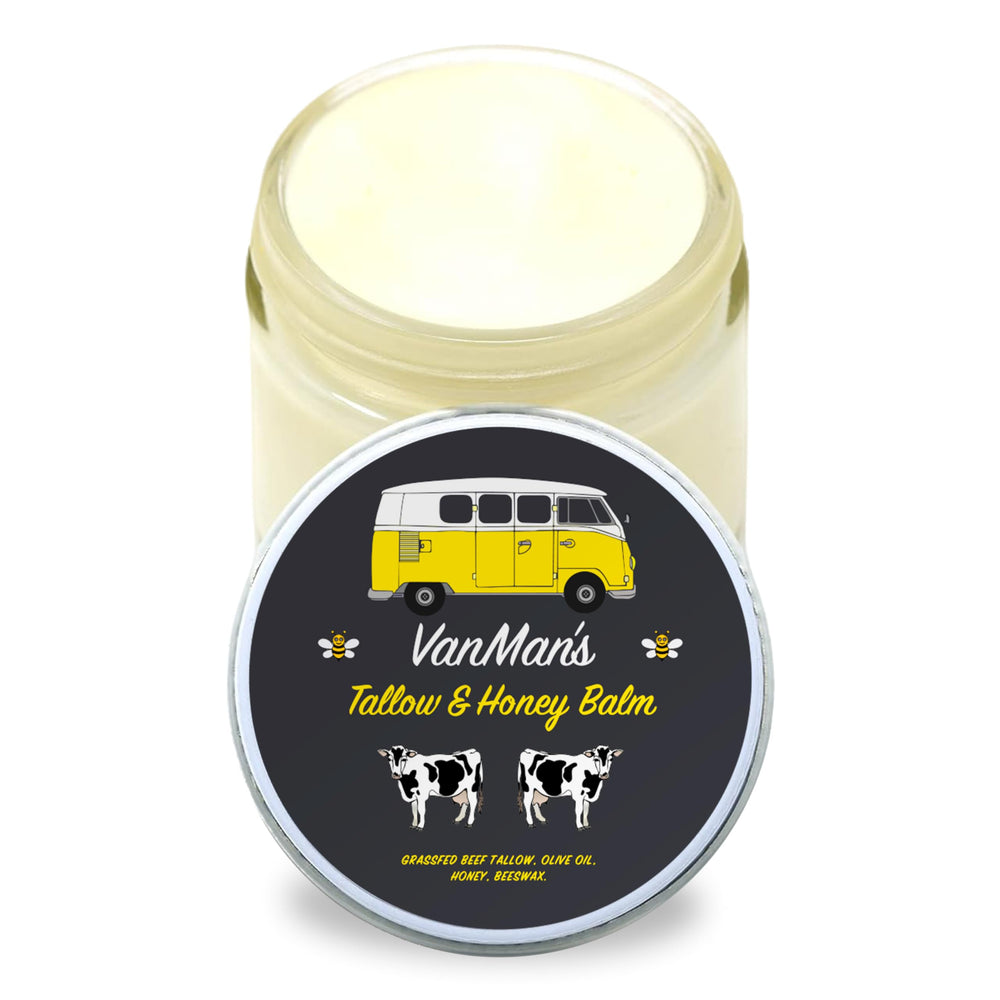 Vanman's Tallow and Honey Balm jar close-up showing fragrance-free nourishment for skin.