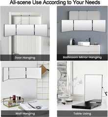 Vanmirr 3 Way Mirror on-door-frame mounting enables hands-free grooming.
