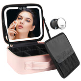VANMRIOR travel makeup bag opened to reveal built-in mirror and LED lighting for easy on-the-go makeup.