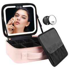 VANMRIOR travel makeup bag opened to reveal built-in mirror and LED lighting for easy on-the-go makeup.