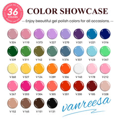 Vanreesa 36-color gel set with color display boards for quick shade selection.
