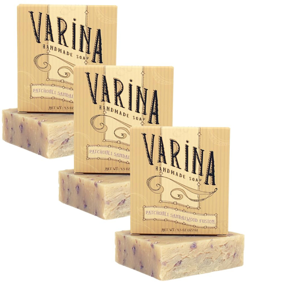 Varina Patchouli Sandalwood soap bar closeup showing earthy scent and gentle cleansing.