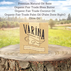 Varina Patchouli Sandalwood soap bar texture highlighting creamy lather and natural ingredients.