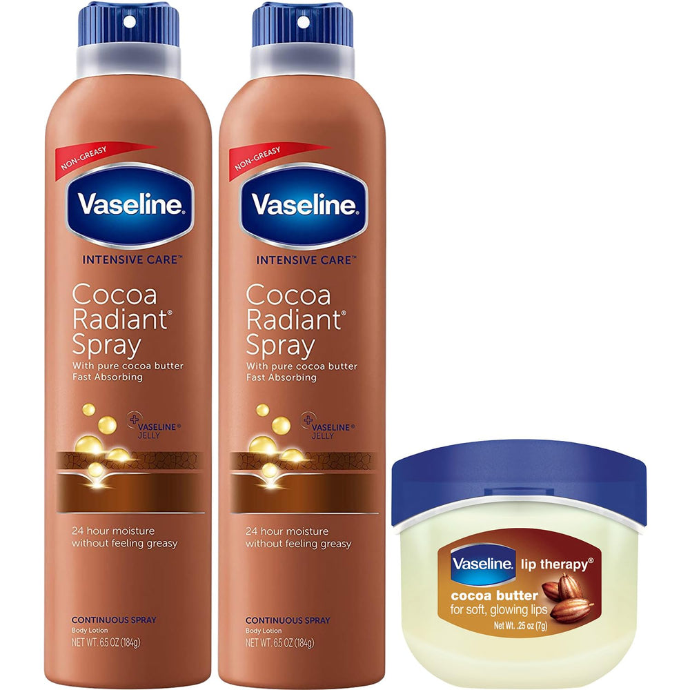 Vaseline Cocoa Radiant spray bottle 2-pack shown for quick on-the-go hydration.