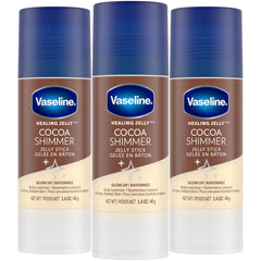 Vaseline Cocoa Shimmer Jelly Stick packaging highlights travel-friendly 3-pack for on-the-go moisture.