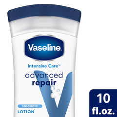 Vaseline Intensive Care Advanced Repair fragrance-free lotion being applied to dry skin.