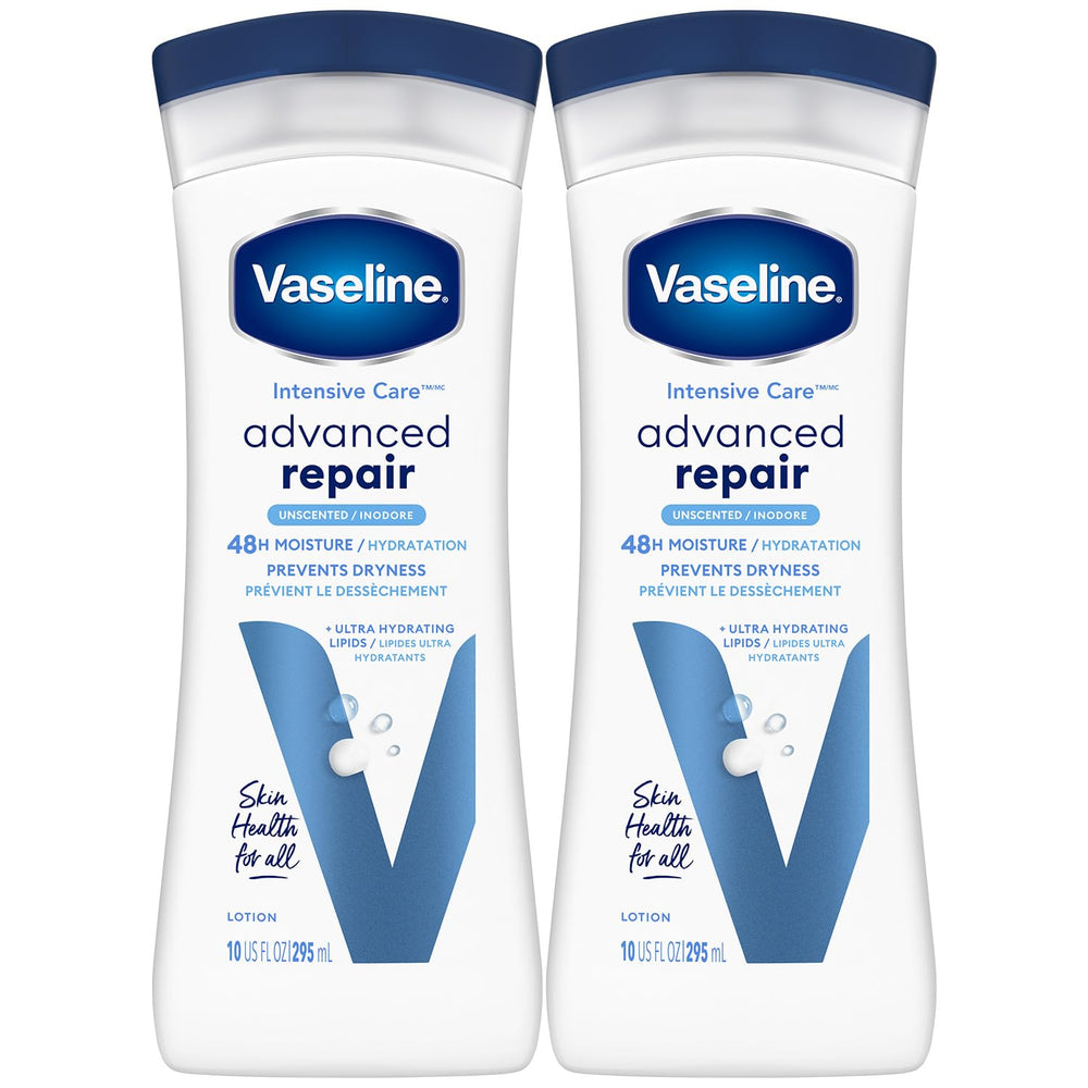 Vaseline Intensive Care Lotion unscented front bottle demonstrating deep hydration for dry skin