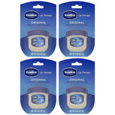 Vaseline Lip Therapy Original 4-pack jar closeup shows portable moisture for dry lips.