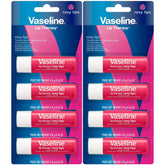 Vaseline Lip Therapy Rosy Lips 8-pack front label promotes soft lips