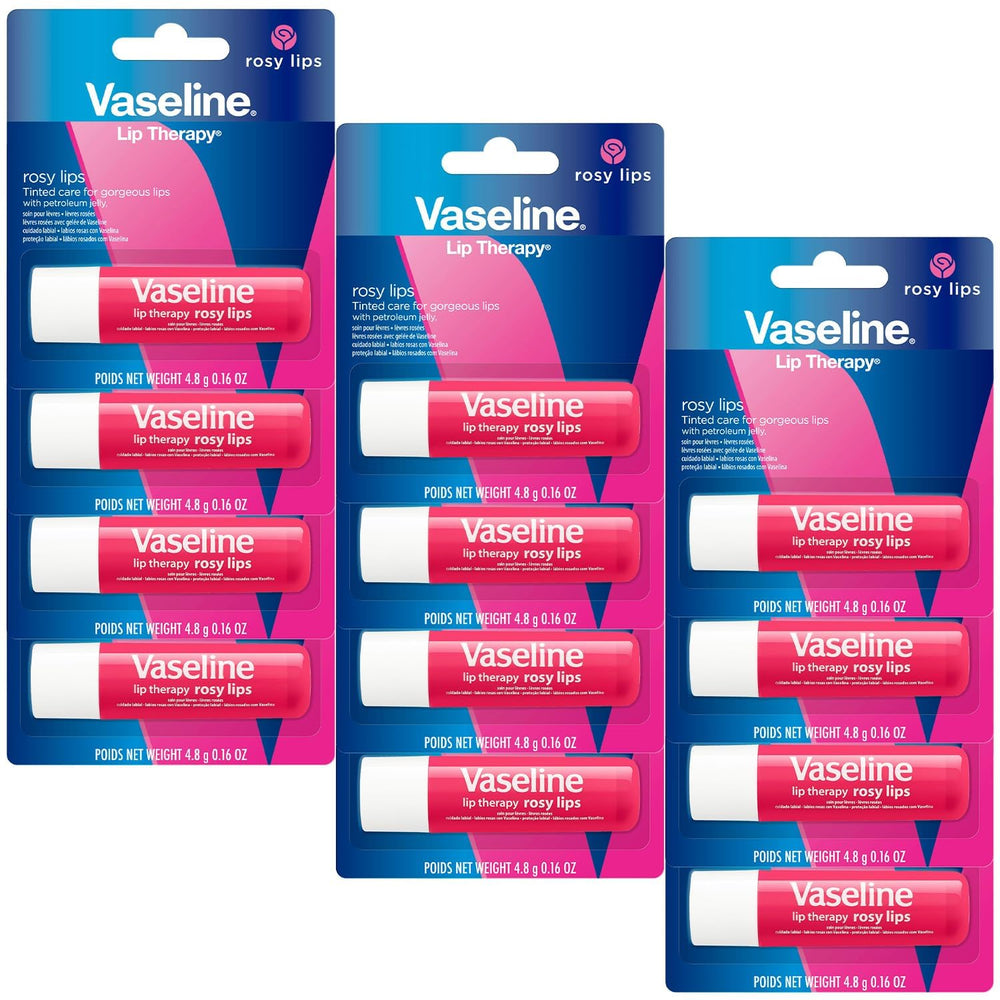 Vaseline Lip Therapy Rosy Lips pack display offers multiple sticks for on-the-go moisture.