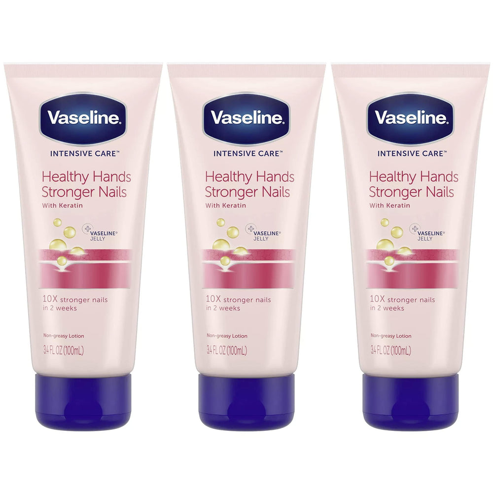 Vaseline Lotion Healthy Hands Keratin pack bottle close-up showing nourished nails and moisturized skin