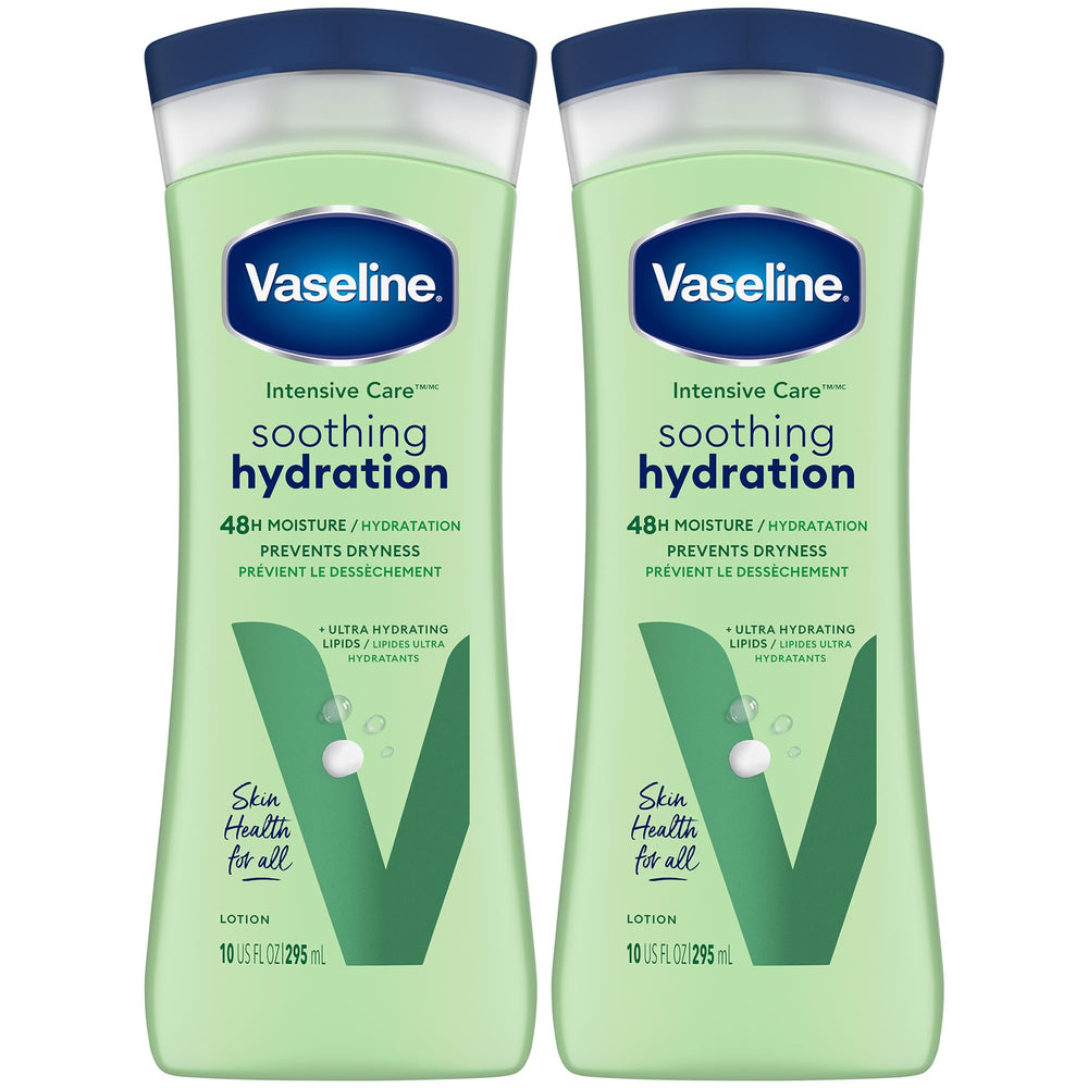 Vaseline Soothing Hydration 10oz bottle front shows fast-absorbing aloe moisture for daily dryness
