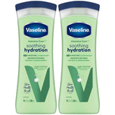 Vaseline Soothing Hydration 10oz bottle front shows fast-absorbing aloe moisture for daily dryness