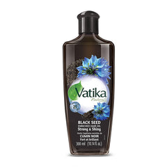 Vatika Naturals Dabur Enriched Black Seed Hair Oil bottle for daily scalp nourishment and shine.